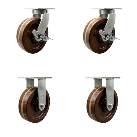 Service Caster 8'' Heavy Duty High Temp Phenolic Swivel Caster Set 2 Brakes 2 Rigid, 4PK CRAN-SCC-KP92S830-PHRHT-SLB-2-R-2